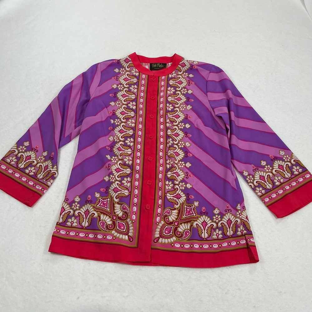 Bob Mackie Wearable Art Purple Pink Paisley Stripe Button Front Blouse XXS